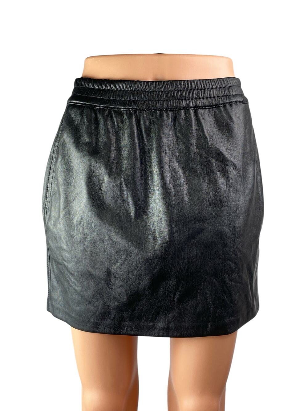 Aritzia Babaton Black Faux Vegan Leather Elastic Waist Mini Pencil Skirt Size XS